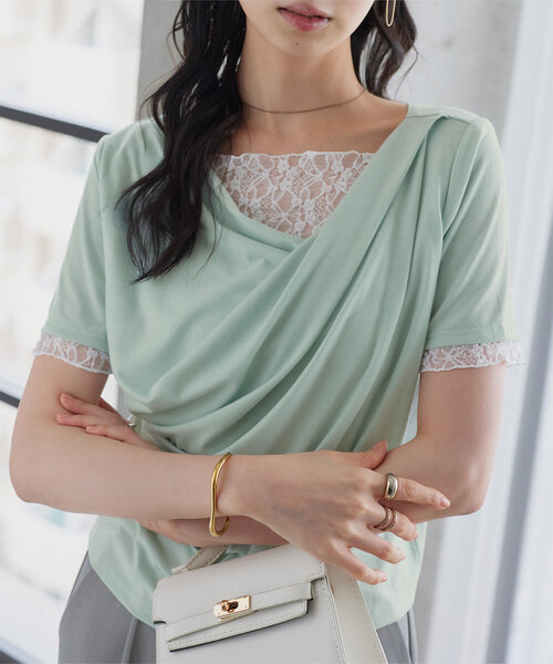 KOBE LETTUCE(コウベレタス)の「レースドッキングドレープトップス(Tシャツ/カットソー・レディース・チャコールグレー/ミント/オフホワイト/ブラック・M)」の1枚目の写真