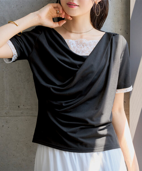 KOBE LETTUCE(コウベレタス)の「レースドッキングドレープトップス(Tシャツ/カットソー・レディース・チャコールグレー/ミント/オフホワイト/ブラック・M)」の3枚目の写真