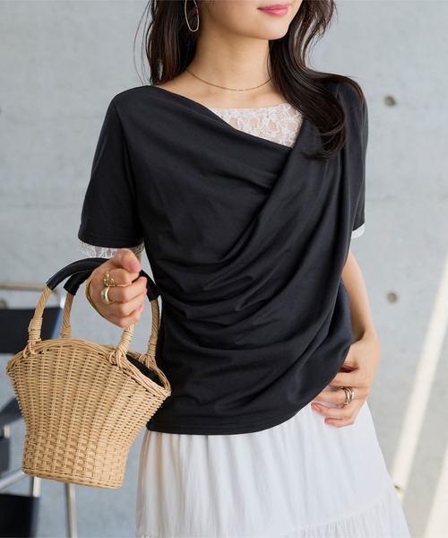 KOBE LETTUCE(コウベレタス)の「レースドッキングドレープトップス(Tシャツ/カットソー・レディース・チャコールグレー/ミント/オフホワイト/ブラック・M)」の6枚目の写真