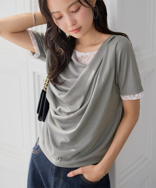 KOBE LETTUCE(コウベレタス)の「レースドッキングドレープトップス(Tシャツ/カットソー・レディース・チャコールグレー/ミント/オフホワイト/ブラック・M)」の12枚目の写真