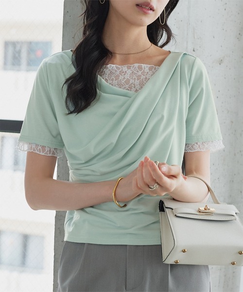 KOBE LETTUCE(コウベレタス)の「レースドッキングドレープトップス(Tシャツ/カットソー・レディース・チャコールグレー/ミント/オフホワイト/ブラック・M)」の13枚目の写真