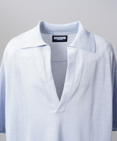 MAISON SPECIAL(メゾンスペシャル)の「《UNISEX》Ramie-SOLOTEX Prime-Over Deep Front Skipper Knit T-shirt/ラミーソロテックスプライムオーバーディープフロントスキッパーニットTシャツ【MAISON SPECIAL/メゾンスペシャル】(Tシャツ/カットソー・メンズ・サックスブルー/レッド/ブラック・0/1/2)」の11枚目の写真
