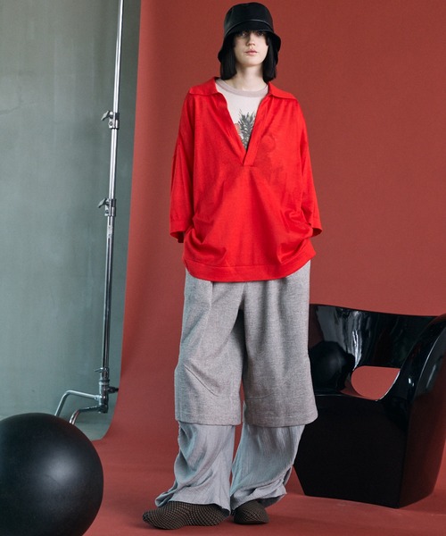 MAISON SPECIAL（メゾンスペシャル）の「《UNISEX》Ramie-SOLOTEX Prime-Over Deep Front Skipper Knit T-shirt/ラミーソロテックスプライムオーバーディープフロントスキッパーニットTシャツ【MAISON SPECIAL/メゾンスペシャル】（Tシャツ/カットソー・メンズ・サックスブルー/レッド/ブラック・0/1/2）」の14枚目の写真