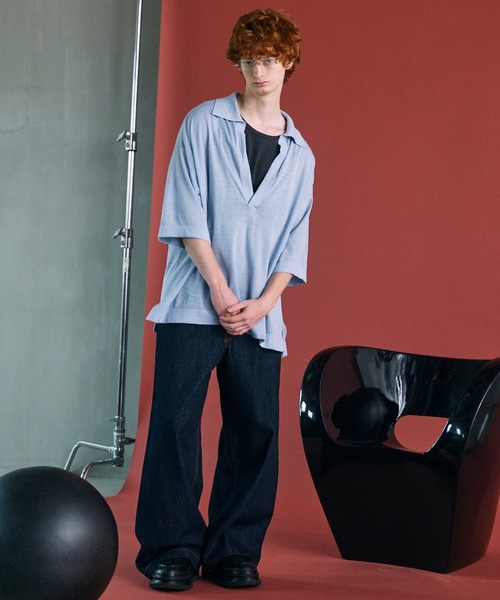 MAISON SPECIAL（メゾンスペシャル）の「《UNISEX》Ramie-SOLOTEX Prime-Over Deep Front Skipper Knit T-shirt/ラミーソロテックスプライムオーバーディープフロントスキッパーニットTシャツ【MAISON SPECIAL/メゾンスペシャル】（Tシャツ/カットソー・メンズ・サックスブルー/レッド/ブラック・0/1/2）」の15枚目の写真