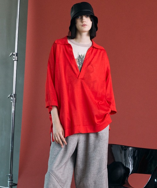 MAISON SPECIAL（メゾンスペシャル）の「《UNISEX》Ramie-SOLOTEX Prime-Over Deep Front Skipper Knit T-shirt/ラミーソロテックスプライムオーバーディープフロントスキッパーニットTシャツ【MAISON SPECIAL/メゾンスペシャル】（Tシャツ/カットソー・メンズ・サックスブルー/レッド/ブラック・0/1/2）」の16枚目の写真