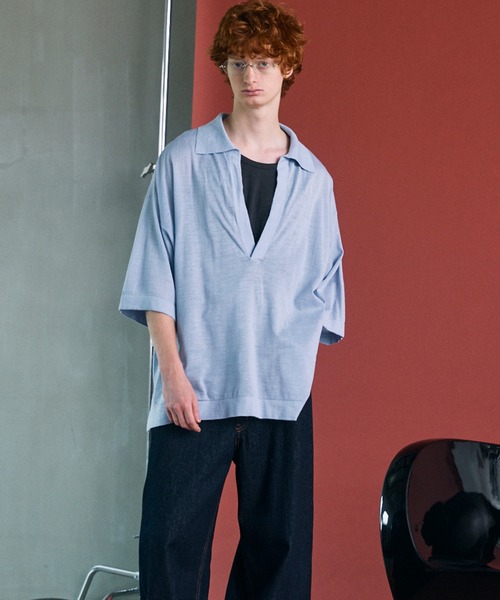 MAISON SPECIAL（メゾンスペシャル）の「《UNISEX》Ramie-SOLOTEX Prime-Over Deep Front Skipper Knit T-shirt/ラミーソロテックスプライムオーバーディープフロントスキッパーニットTシャツ【MAISON SPECIAL/メゾンスペシャル】（Tシャツ/カットソー・メンズ・サックスブルー/レッド/ブラック・0/1/2）」の19枚目の写真