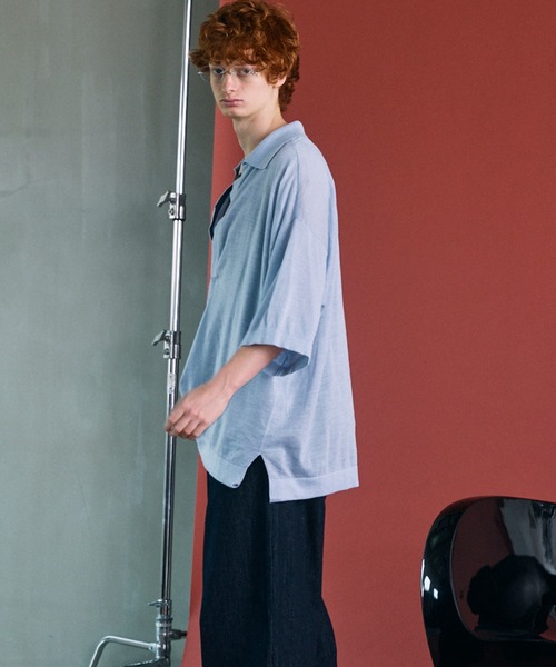 MAISON SPECIAL（メゾンスペシャル）の「《UNISEX》Ramie-SOLOTEX Prime-Over Deep Front Skipper Knit T-shirt/ラミーソロテックスプライムオーバーディープフロントスキッパーニットTシャツ【MAISON SPECIAL/メゾンスペシャル】（Tシャツ/カットソー・メンズ・サックスブルー/レッド/ブラック・0/1/2）」の20枚目の写真