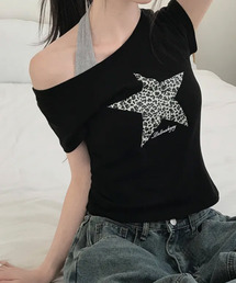 レオパードスタープリント ワンショルダー半袖Tシャツ