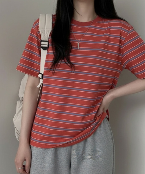 VIVID LADY(ビビッドレディー)の「マルチボーダー 半袖Tシャツ(Tシャツ/カットソー・レディース・レッド/ネイビー/グレー/アイボリー/グリーン・FREE)」の15枚目の写真