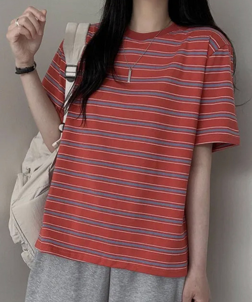 VIVID LADY(ビビッドレディー)の「マルチボーダー 半袖Tシャツ(Tシャツ/カットソー・レディース・レッド/ネイビー/グレー/アイボリー/グリーン・FREE)」の16枚目の写真