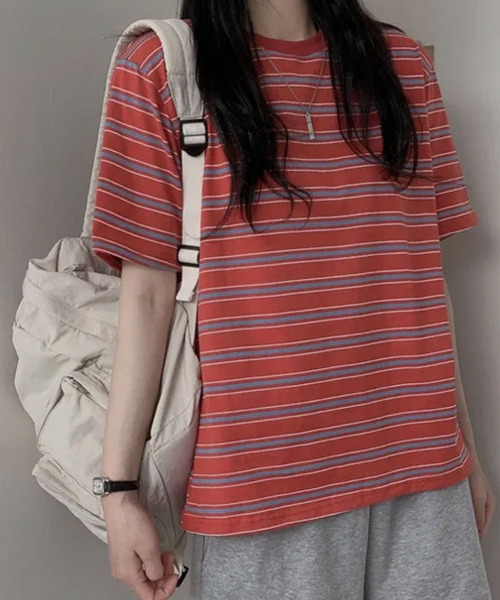 VIVID LADY(ビビッドレディー)の「マルチボーダー 半袖Tシャツ(Tシャツ/カットソー・レディース・レッド/ネイビー/グレー/アイボリー/グリーン・FREE)」の17枚目の写真