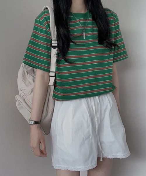 VIVID LADY(ビビッドレディー)の「マルチボーダー 半袖Tシャツ(Tシャツ/カットソー・レディース・レッド/ネイビー/グレー/アイボリー/グリーン・FREE)」の18枚目の写真