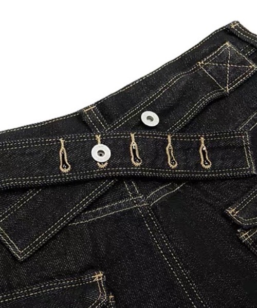 SHERU（シェル）の「濃黒生デニム 筆記体 R 刺繍バックポケット ウエストベルト付き超ワイドルーズジーンズ ユニセックスストリート古着パンツ（デニムパンツ・レディース・ブラック・S/M/L）」の15枚目の写真