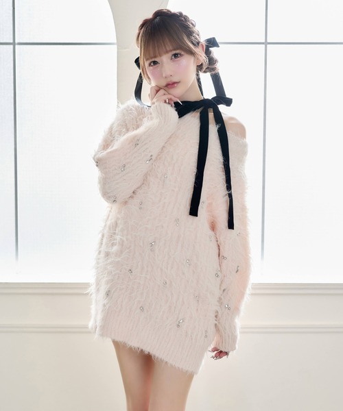 one after another NICE CLAUP(ワンアフターアナザーナイスクラップ)の「【Premium order】ふわモテジュエルニットミニワンピ(ワンピース・レディース・ブラック/ブラウン/ピンク/イエロー/アイボリー・FREE)」の5枚目の写真