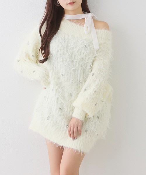 one after another NICE CLAUP(ワンアフターアナザーナイスクラップ)の「【Premium order】ふわモテジュエルニットミニワンピ(ワンピース・レディース・ブラック/ブラウン/ピンク/イエロー/アイボリー・FREE)」の4枚目の写真
