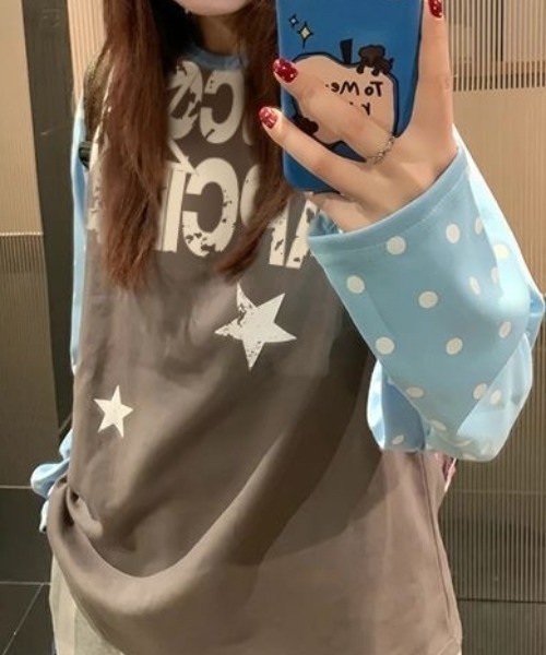 SHEPP(シープ)の「星柄グラフィックロゴ ラグラン切替ドットスリーブロンT(Tシャツ/カットソー・レディース・ブルー・M/L)」の3枚目の写真