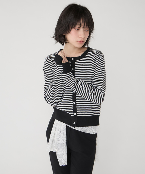 Unblend(アンブレンド)の「【Unblend】スカラップ パターンメッシュ コンパクトニットカーディガン(カーディガン/ボレロ・レディース・杢グレー/プラム/ライトブルー/オフホワイト/ブラック系・FREE)」の3枚目の写真