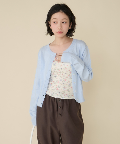 Unblend(アンブレンド)の「【Unblend】スカラップ パターンメッシュ コンパクトニットカーディガン(カーディガン/ボレロ・レディース・杢グレー/プラム/ライトブルー/オフホワイト/ブラック系・FREE)」の4枚目の写真
