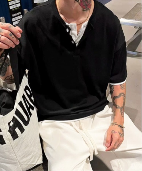 NOWLE(ノウル)の「【NOWLE】フェイクツーピース ヘンリーネック半袖 Tシャツ / スマートリラックス レイヤード トップス(Tシャツ/カットソー・メンズ・グレー/ブラック・LARGE/X-LARGE/MEDIUM)」の12枚目の写真