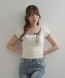 M DOLLY（エムドリー）の「*M DOLLY original* Check ribbon logo moa tops   チェックリボンロゴモアトップス（Tシャツ/カットソー）」