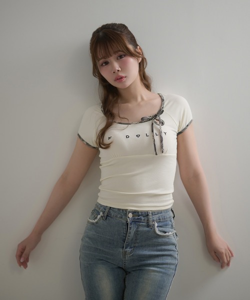 M DOLLY（エムドリー）の「*M DOLLY original* Check ribbon logo moa tops / チェックリボンロゴモアトップス（Tシャツ/カットソー・レディース・アイボリー/ダークグレー・FREE）」の3枚目の写真