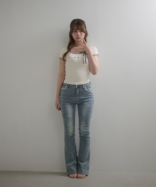 M DOLLY（エムドリー）の「*M DOLLY original* Check ribbon logo moa tops / チェックリボンロゴモアトップス（Tシャツ/カットソー・レディース・アイボリー/ダークグレー・FREE）」の8枚目の写真