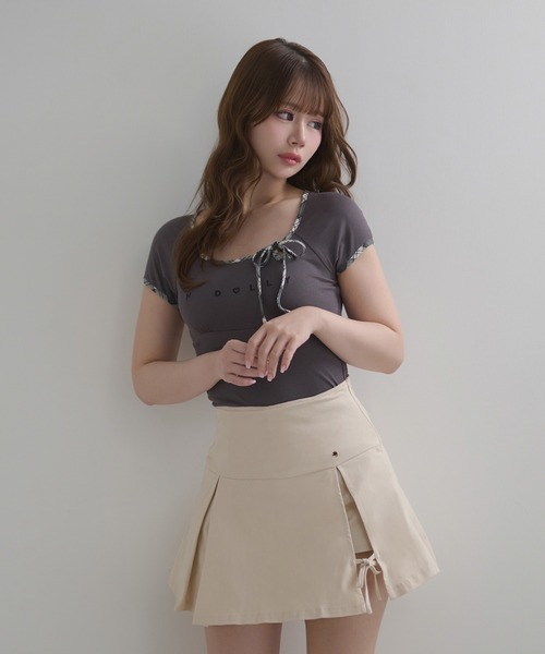 M DOLLY（エムドリー）の「*M DOLLY original* Check ribbon logo moa tops / チェックリボンロゴモアトップス（Tシャツ/カットソー・レディース・アイボリー/ダークグレー・FREE）」の9枚目の写真