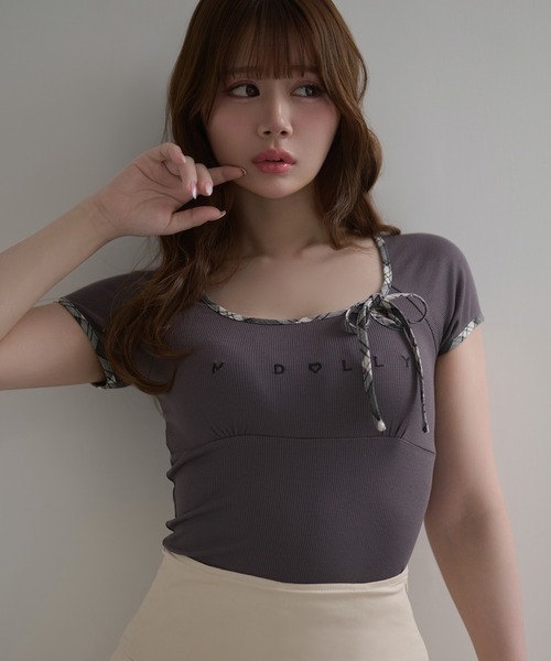 M DOLLY（エムドリー）の「*M DOLLY original* Check ribbon logo moa tops / チェックリボンロゴモアトップス（Tシャツ/カットソー・レディース・アイボリー/ダークグレー・FREE）」の10枚目の写真