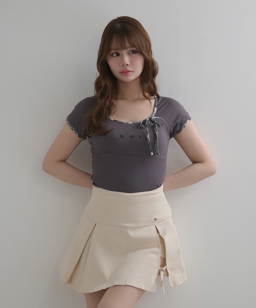 M DOLLY（エムドリー）の「*M DOLLY original* Check ribbon logo moa tops / チェックリボンロゴモアトップス（Tシャツ/カットソー・レディース・アイボリー/ダークグレー・FREE）」の12枚目の写真