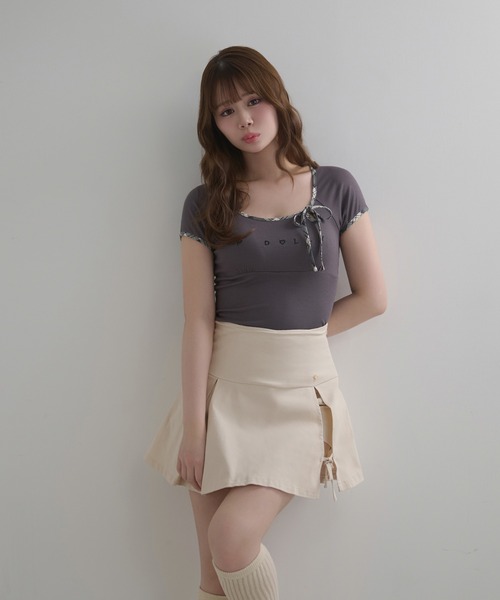 M DOLLY（エムドリー）の「*M DOLLY original* Check ribbon logo moa tops / チェックリボンロゴモアトップス（Tシャツ/カットソー・レディース・アイボリー/ダークグレー・FREE）」の14枚目の写真