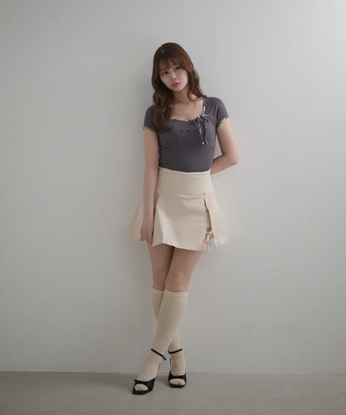 M DOLLY（エムドリー）の「*M DOLLY original* Check ribbon logo moa tops / チェックリボンロゴモアトップス（Tシャツ/カットソー・レディース・アイボリー/ダークグレー・FREE）」の15枚目の写真
