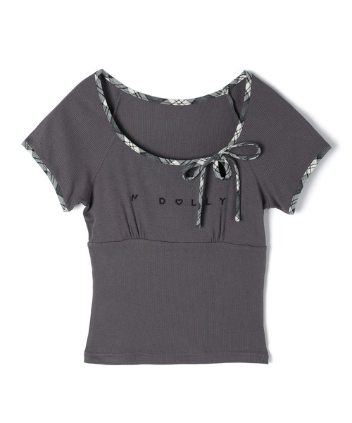 M DOLLY（エムドリー）の「*M DOLLY original* Check ribbon logo moa tops / チェックリボンロゴモアトップス（Tシャツ/カットソー・レディース・アイボリー/ダークグレー・FREE）」の16枚目の写真