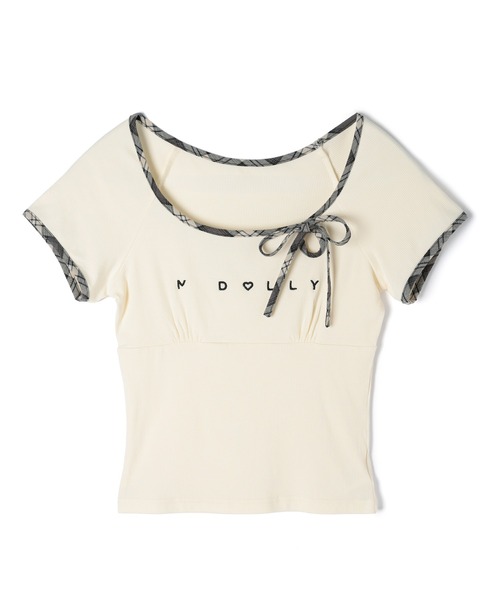 M DOLLY（エムドリー）の「*M DOLLY original* Check ribbon logo moa tops / チェックリボンロゴモアトップス（Tシャツ/カットソー・レディース・アイボリー/ダークグレー・FREE）」の17枚目の写真
