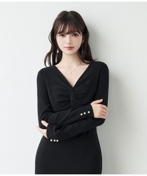 【新作登場】 ニットワンピース レディース ロングワンピース 長袖 Vネック ツイストデザイン 胸元ギャザー パールボタン 袖口ボタン フレアシルエット ロング丈 細見え 伸縮性 柔らかい 上品 きれいめ フェミニン 通勤 デート 秋 冬