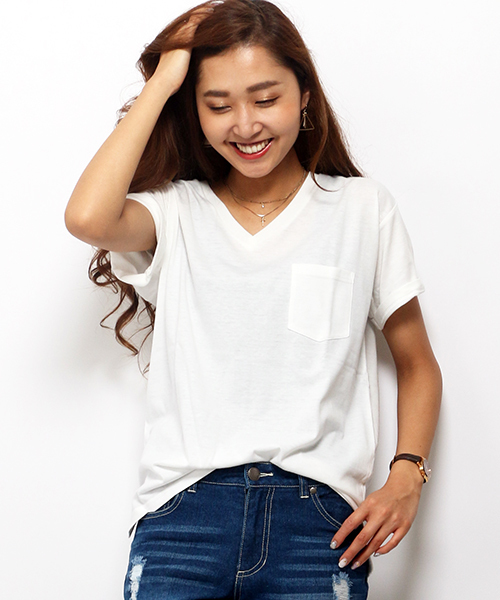 VENCEEXCHANGE（ヴァンスエクスチェンジ）の「ベーシックVネックTシャツ（Tシャツ/カットソー・レディース・ブラック/オフホワイト/ダークグリーン/ライトブラウン/オレンジ/ネイビー/コーラル・MEDIUM）」の2枚目の写真