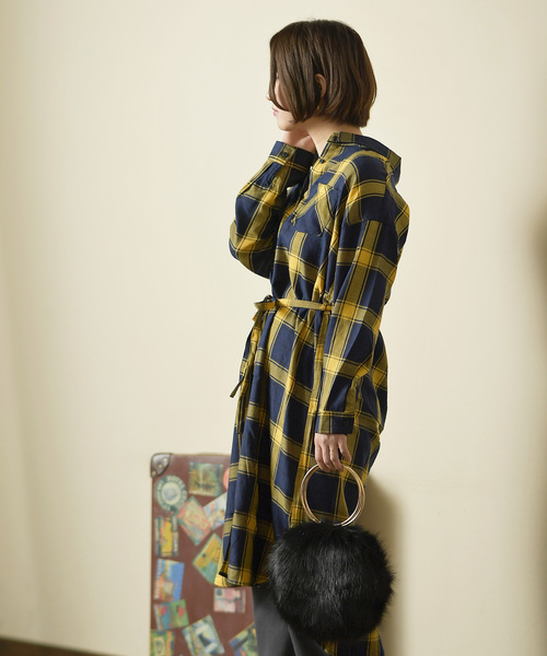 rps（アールピーエス）の「チェックロングシャツワンピース（シャツワンピース・レディース・ブラック/ネイビー/イエロー/グリーン/オフホワイト・M）」の5枚目の写真