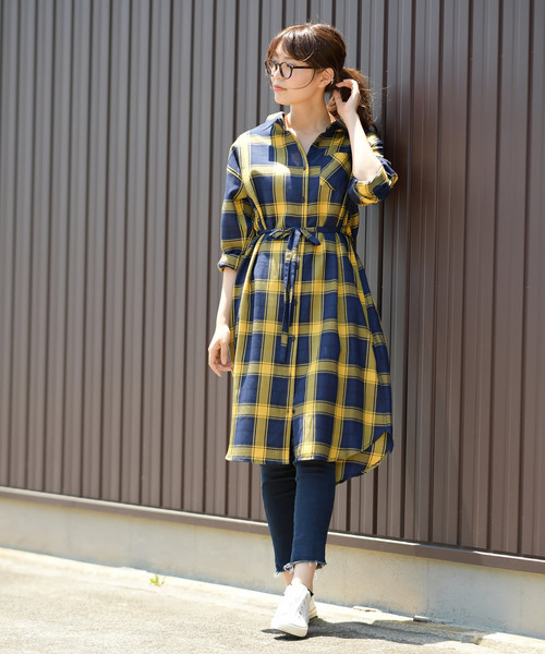 rps（アールピーエス）の「チェックロングシャツワンピース（シャツワンピース・レディース・ブラック/ネイビー/イエロー/グリーン/オフホワイト・M）」の16枚目の写真