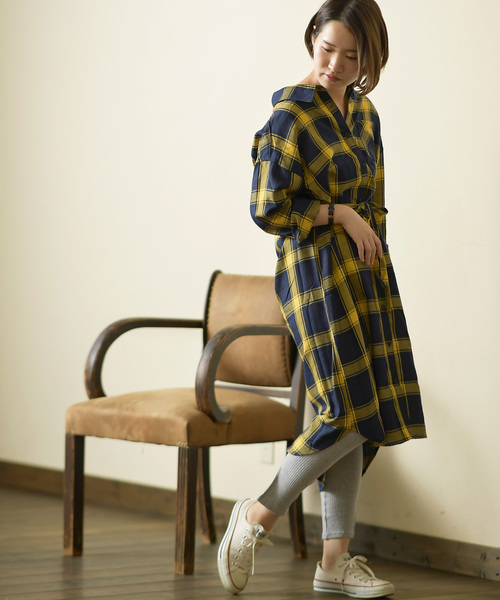 rps（アールピーエス）の「チェックロングシャツワンピース（シャツワンピース・レディース・ブラック/ネイビー/イエロー/グリーン/オフホワイト・M）」の13枚目の写真