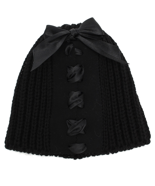 Ray BEAMS（レイビームス）の「BERNSTOCK SPEIRS / レース ウール リボン ニットキャップ（ニットキャップ/ビーニー・レディース・ブラック・ONE SIZE）」の2枚目の写真