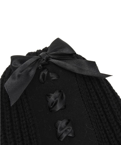 Ray BEAMS（レイビームス）の「BERNSTOCK SPEIRS / レース ウール リボン ニットキャップ（ニットキャップ/ビーニー・レディース・ブラック・ONE SIZE）」の5枚目の写真