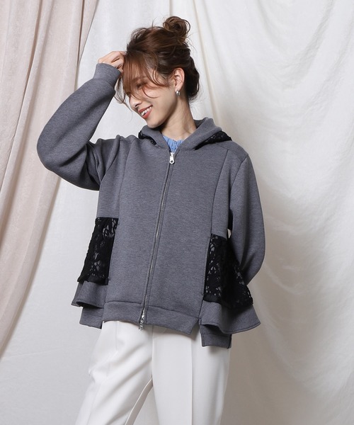 Re.Verofonna(ヴェロフォンナ)の「レースタックフリルパーカ(パーカー)」|チャコールグレー