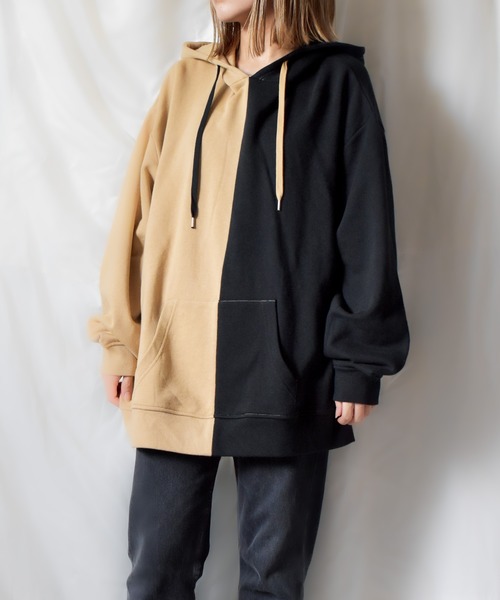 TRAP/U （トラップユー）の「【TRAP/U】シンメトリー配色裏毛プルパーカ（Tシャツ/カットソー・レディース・ベージュ/オフホワイト/カーキ・MEDIUM/LARGE）」の4枚目の写真