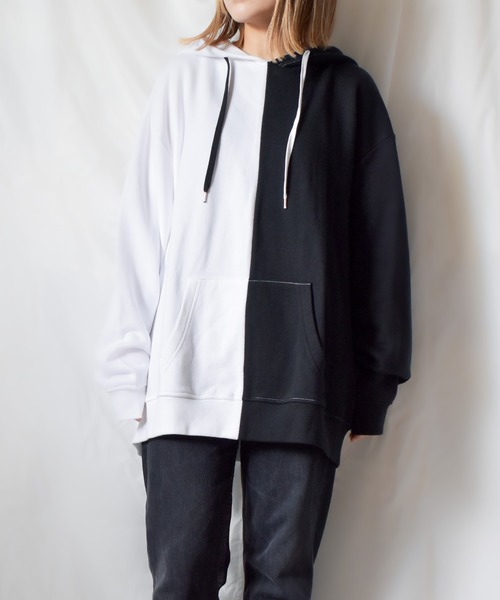 TRAP/U （トラップユー）の「【TRAP/U】シンメトリー配色裏毛プルパーカ（Tシャツ/カットソー・レディース・ベージュ/オフホワイト/カーキ・MEDIUM/LARGE）」の6枚目の写真