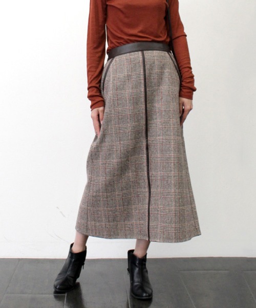 STYLEBLOCK(スタイルブロック)の「先染めオーバーチェック合皮パイピングスカート(スカート・レディース・グレー/ベージュ/ブラウン・M)」の3枚目の写真