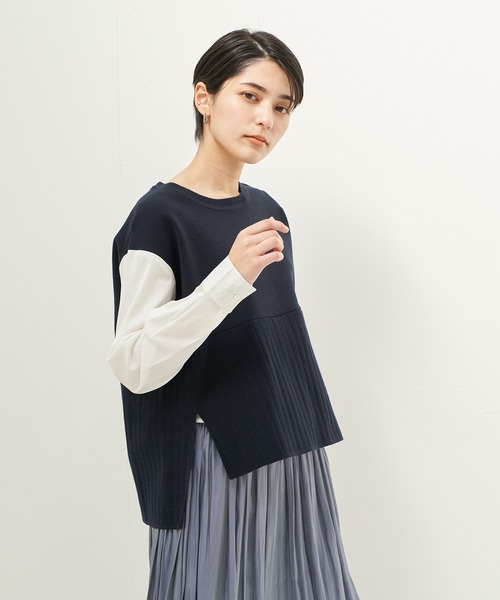 Editt by YECCA VECCA(エディットバイイェッカヴェッカ)の「オーガニックコットンレイヤードニット *(ニット/セーター・レディース・グレイッシュベージュ/ネイビー・FREE)」の2枚目の写真