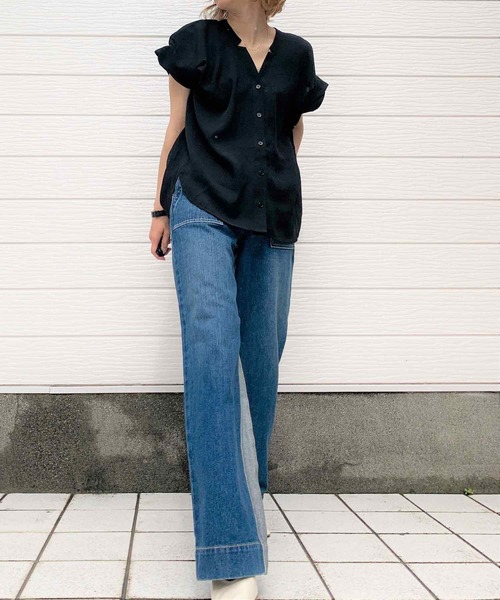 Q（キュー）の「袖タックブラウス（シャツ/ブラウス・レディース・アイボリー/ブラック・MEDIUM）」の7枚目の写真