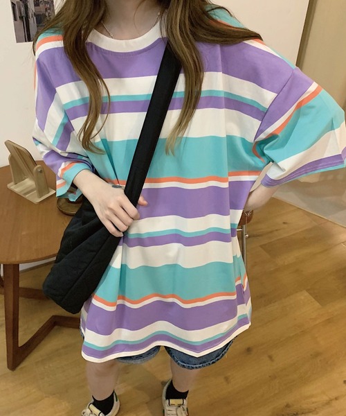 meJane（ミージェーン）の「マルチボーダービックシルエット5分袖Tシャツ【ZOZOTOWN限定】（Tシャツ/カットソー・レディース・ネイビー/ピンク/ラベンダー・FREE）」の3枚目の写真