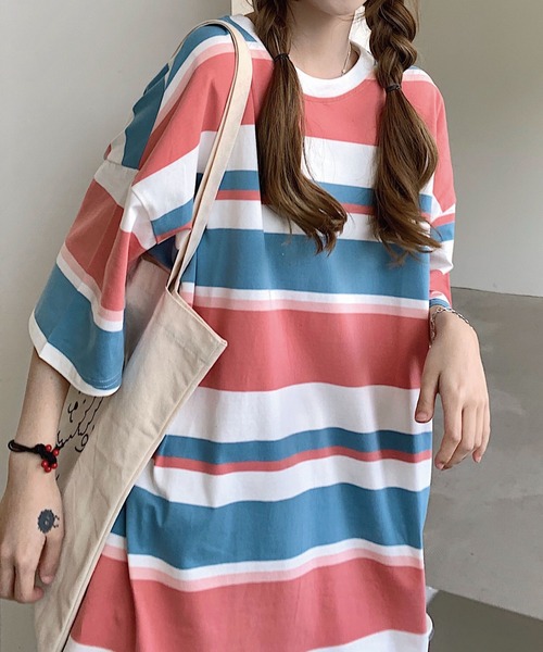 meJane（ミージェーン）の「マルチボーダービックシルエット5分袖Tシャツ【ZOZOTOWN限定】（Tシャツ/カットソー・レディース・ネイビー/ピンク/ラベンダー・FREE）」の2枚目の写真