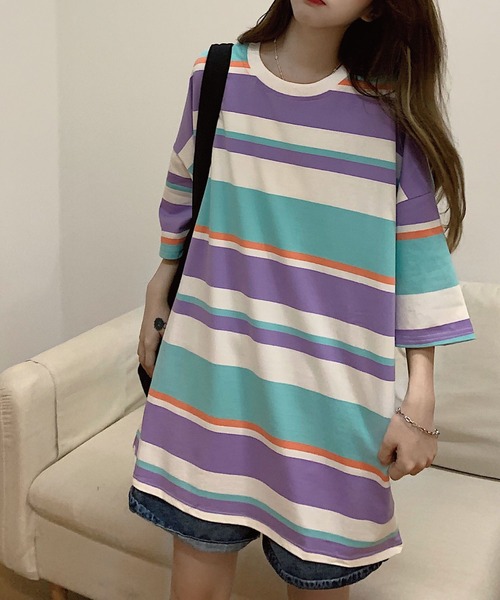 meJane（ミージェーン）の「マルチボーダービックシルエット5分袖Tシャツ【ZOZOTOWN限定】（Tシャツ/カットソー・レディース・ネイビー/ピンク/ラベンダー・FREE）」の8枚目の写真