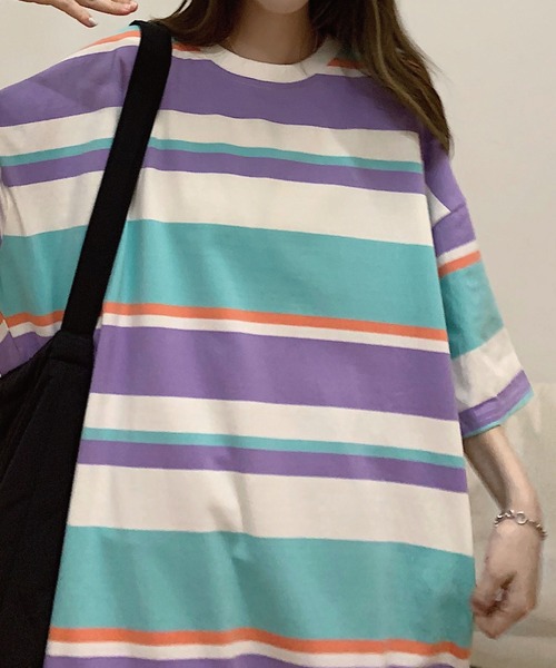 meJane（ミージェーン）の「マルチボーダービックシルエット5分袖Tシャツ【ZOZOTOWN限定】（Tシャツ/カットソー・レディース・ネイビー/ピンク/ラベンダー・FREE）」の9枚目の写真